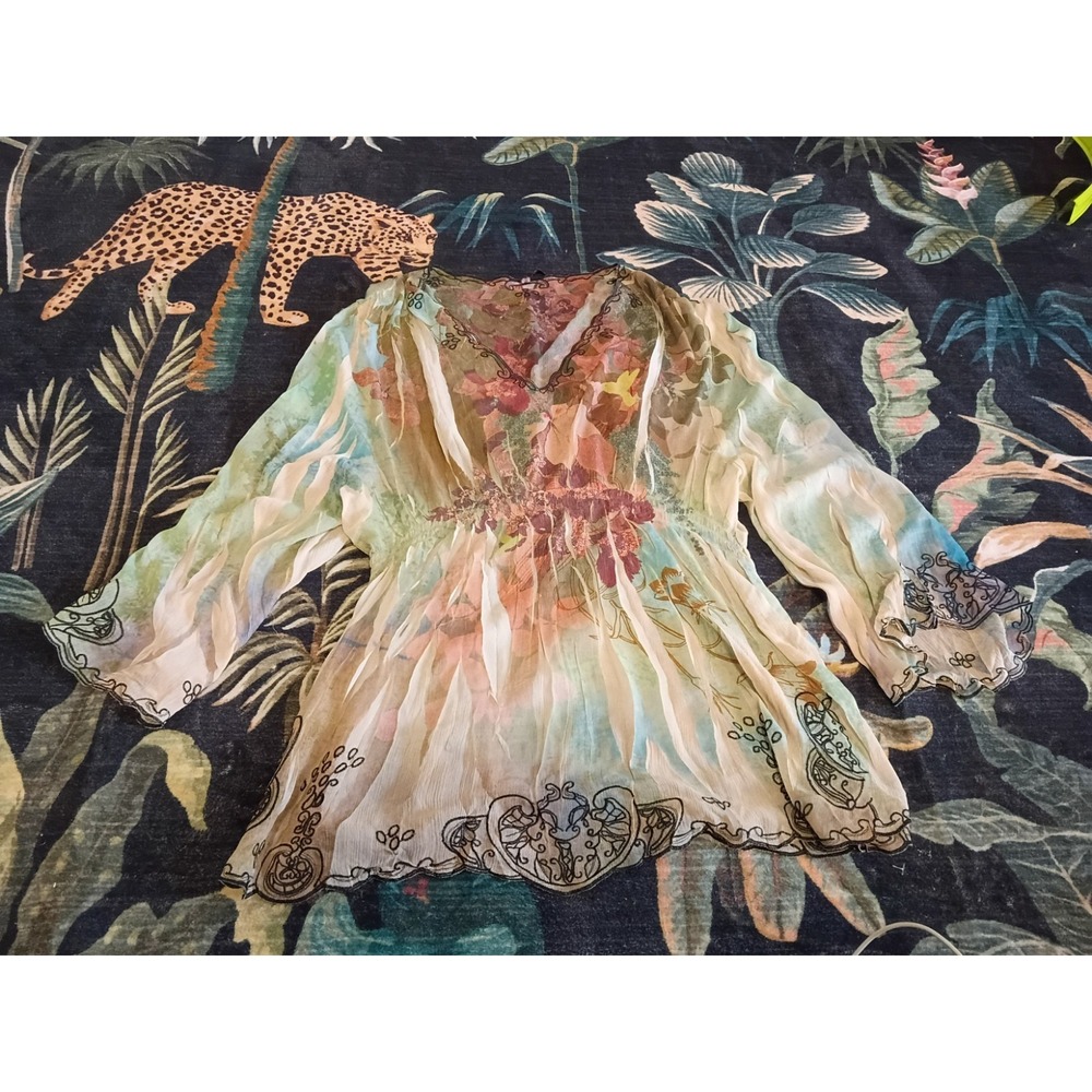 Sienna Rose Y2K Boho Sheer Floral Peasant Tunic Top 2X Embroidered